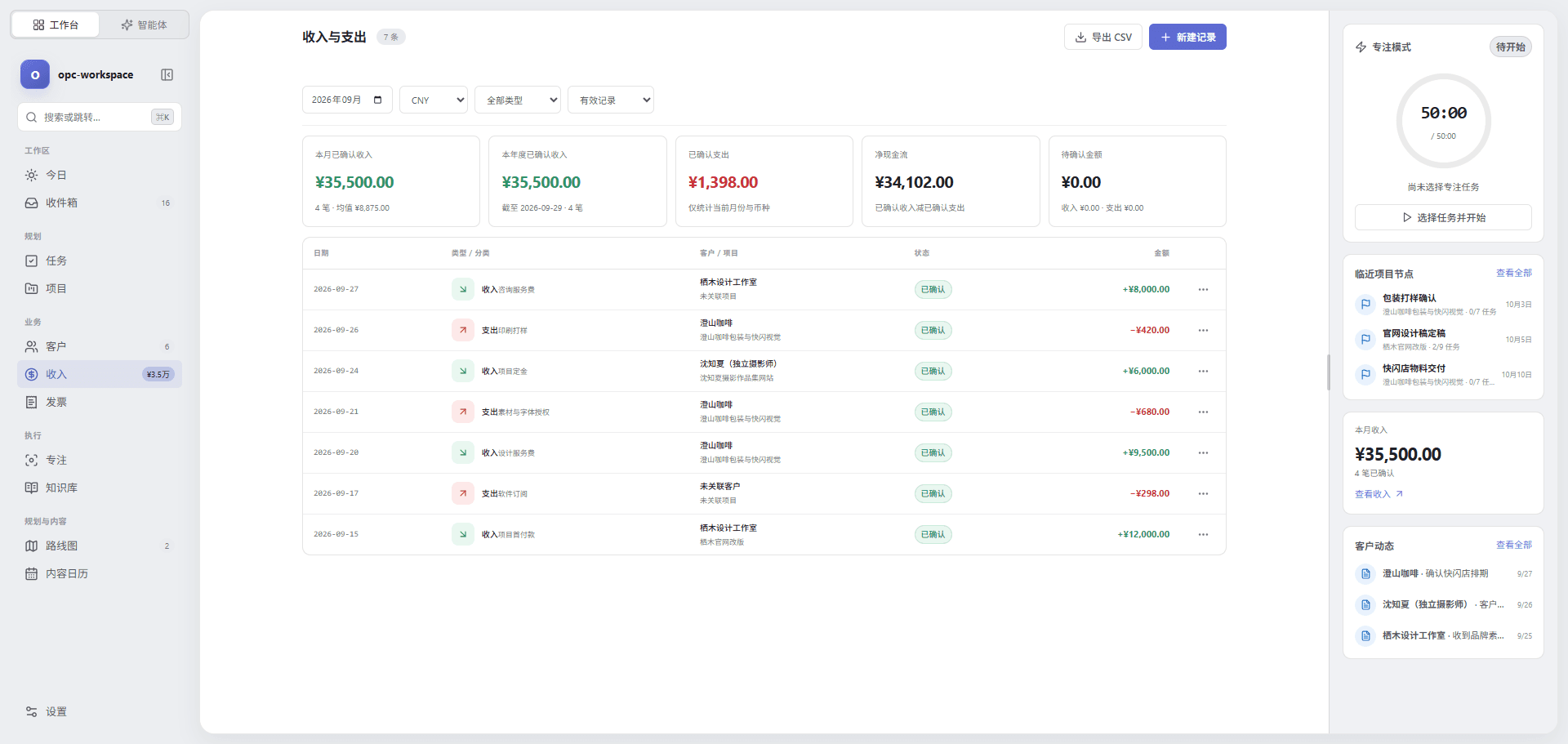 opc-workspace 收入与支出列表，包含本月已确认金额和净现金流