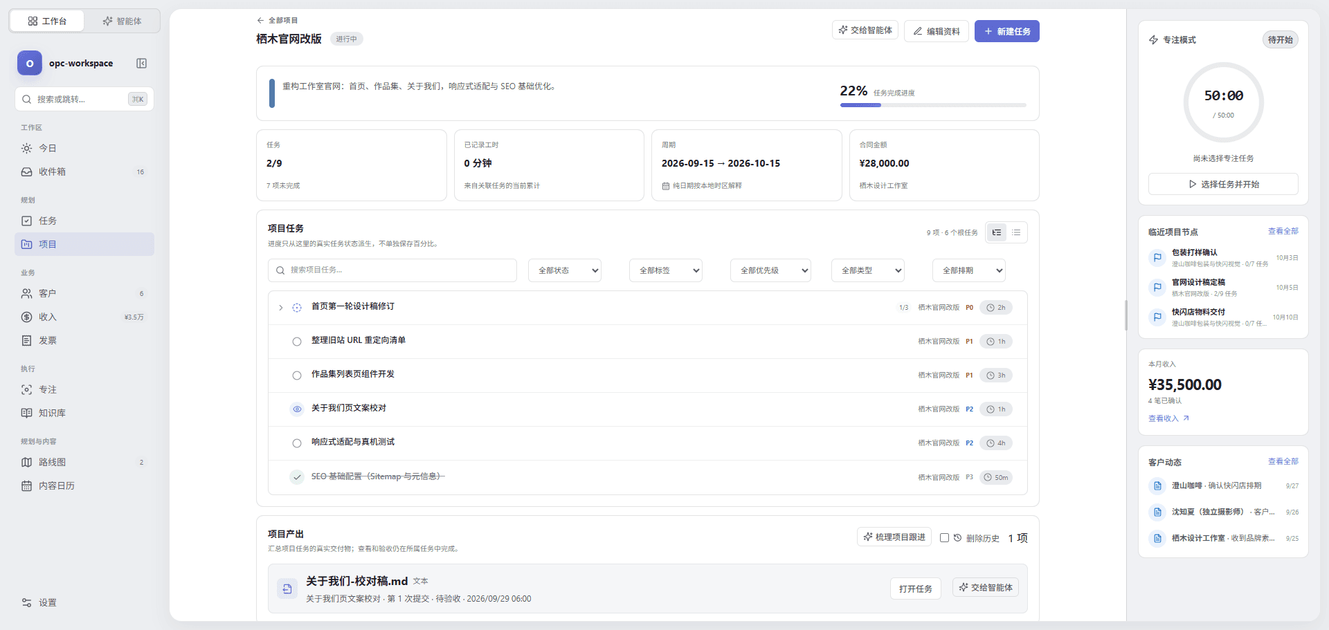 opc-workspace 项目详情，包含完成进度、合同金额、项目任务和项目产出