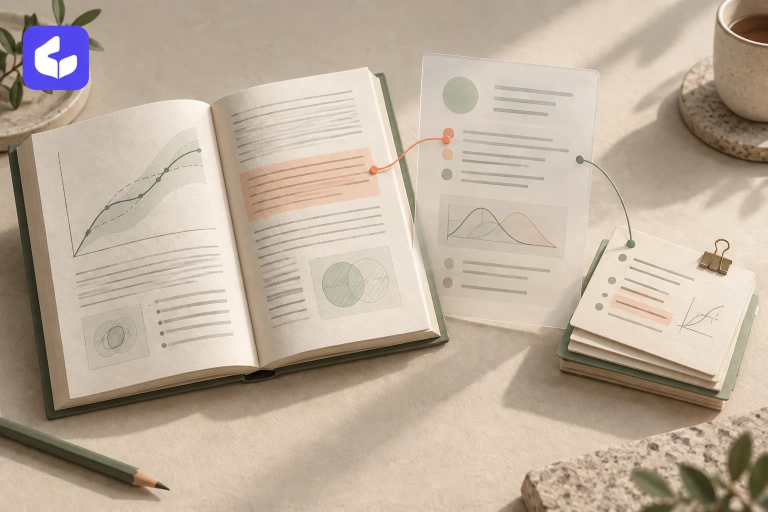 The violet Conuo logo above an open source book, an explanation sheet, and connected study notes in a warm paper illustration