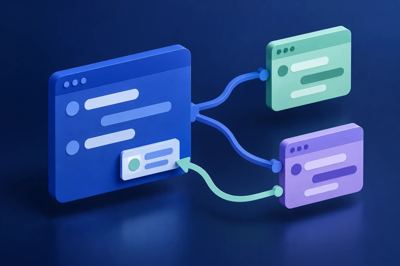 A blue conversation window delegates work to two smaller windows, with a teal path returning to its original card