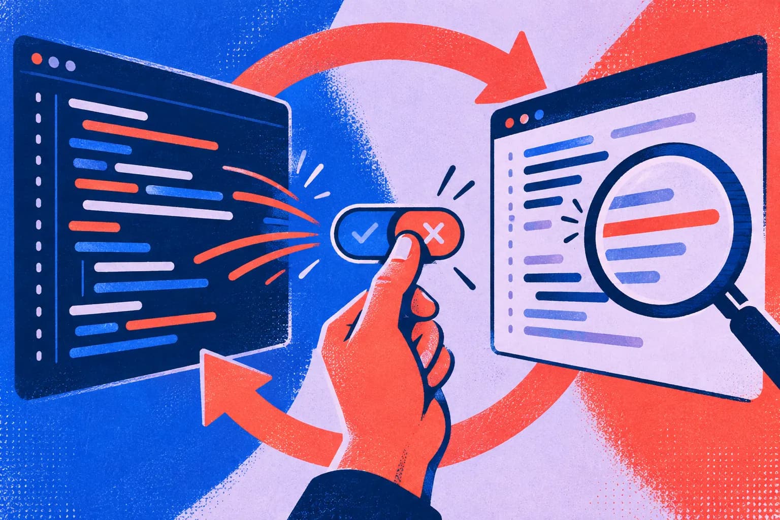 A colorful screen print of code generation and independent review