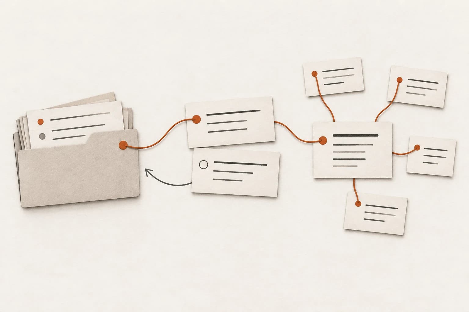 Source materials become knowledge notes that can be found through an index and related links, with a path back to their sources